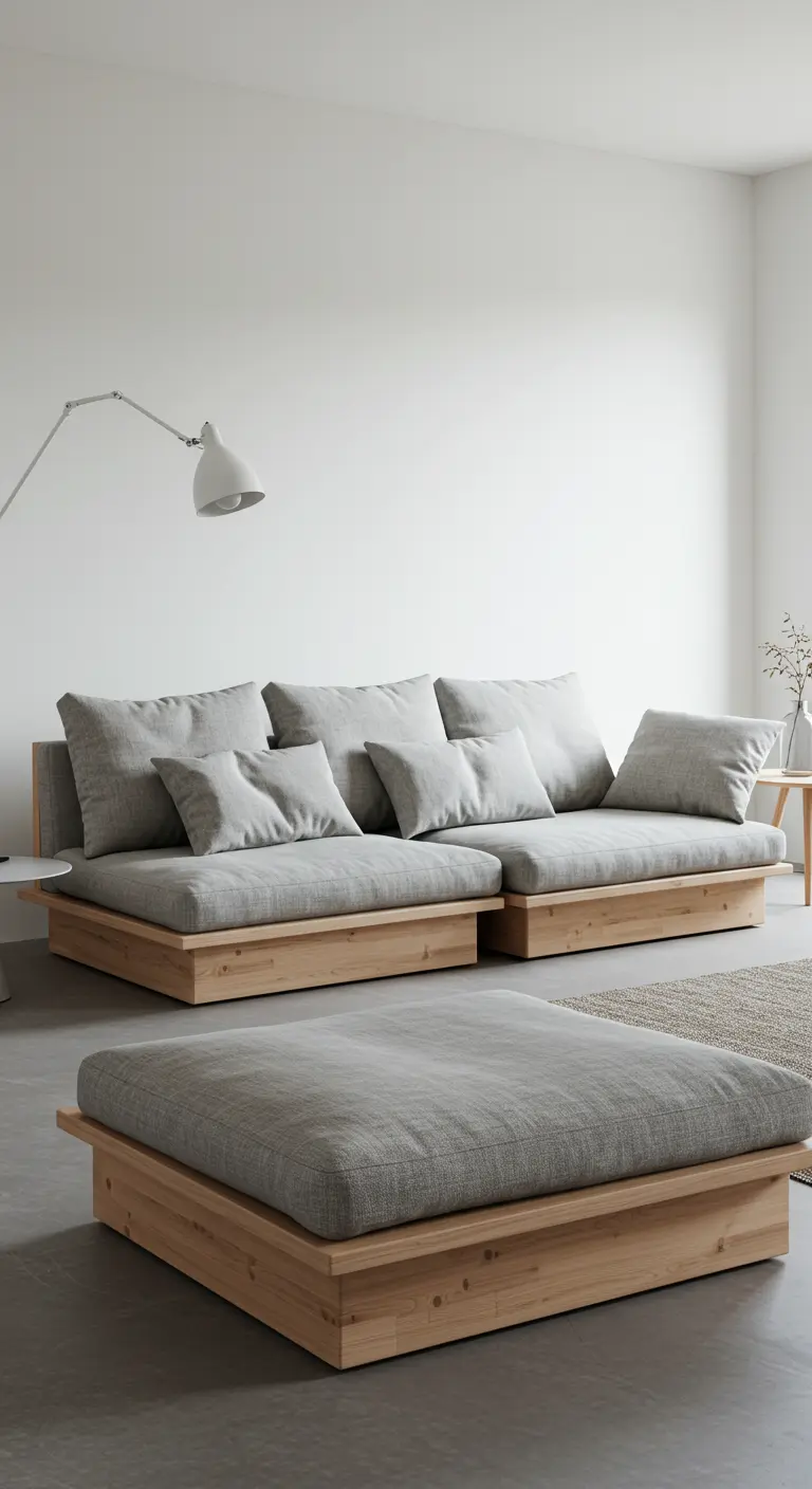 Sofá modular bajo de madera clara y cojines grises en un salón minimalista de paredes blancas.