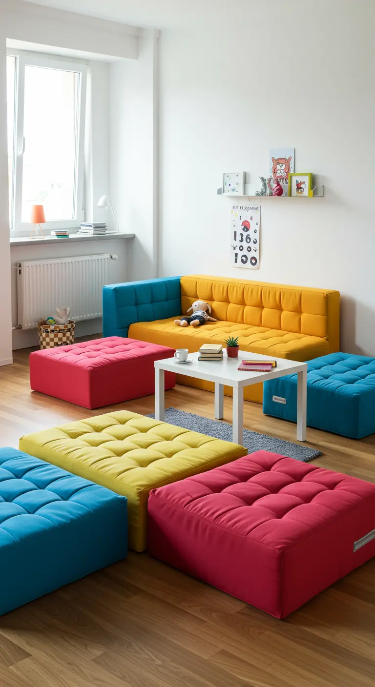 Sofá modular de colores vivos y pufs en una sala de estar luminosa.