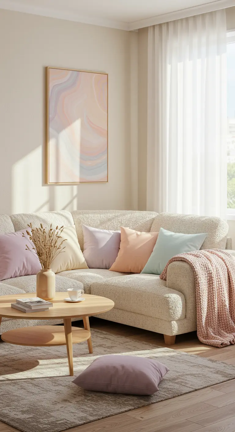 Sofá beige texturizado con múltiples cojines en tonos pastel y una manta de punto rosa.