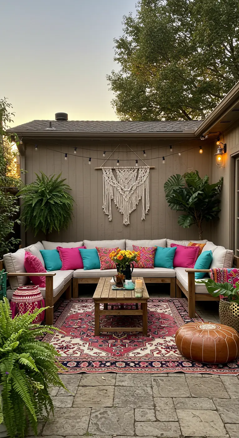 Patio bohemio con sofá en U, cojines fucsia y turquesa, alfombra persa y tapiz de macramé.