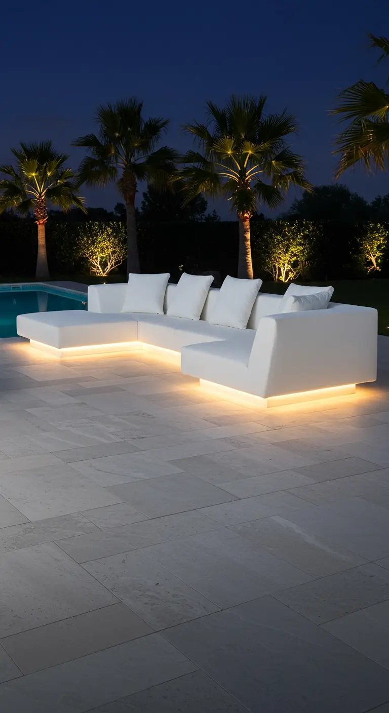Sofá modular blanco de diseño minimalista con iluminación LED cálida en la base, junto a una piscina.