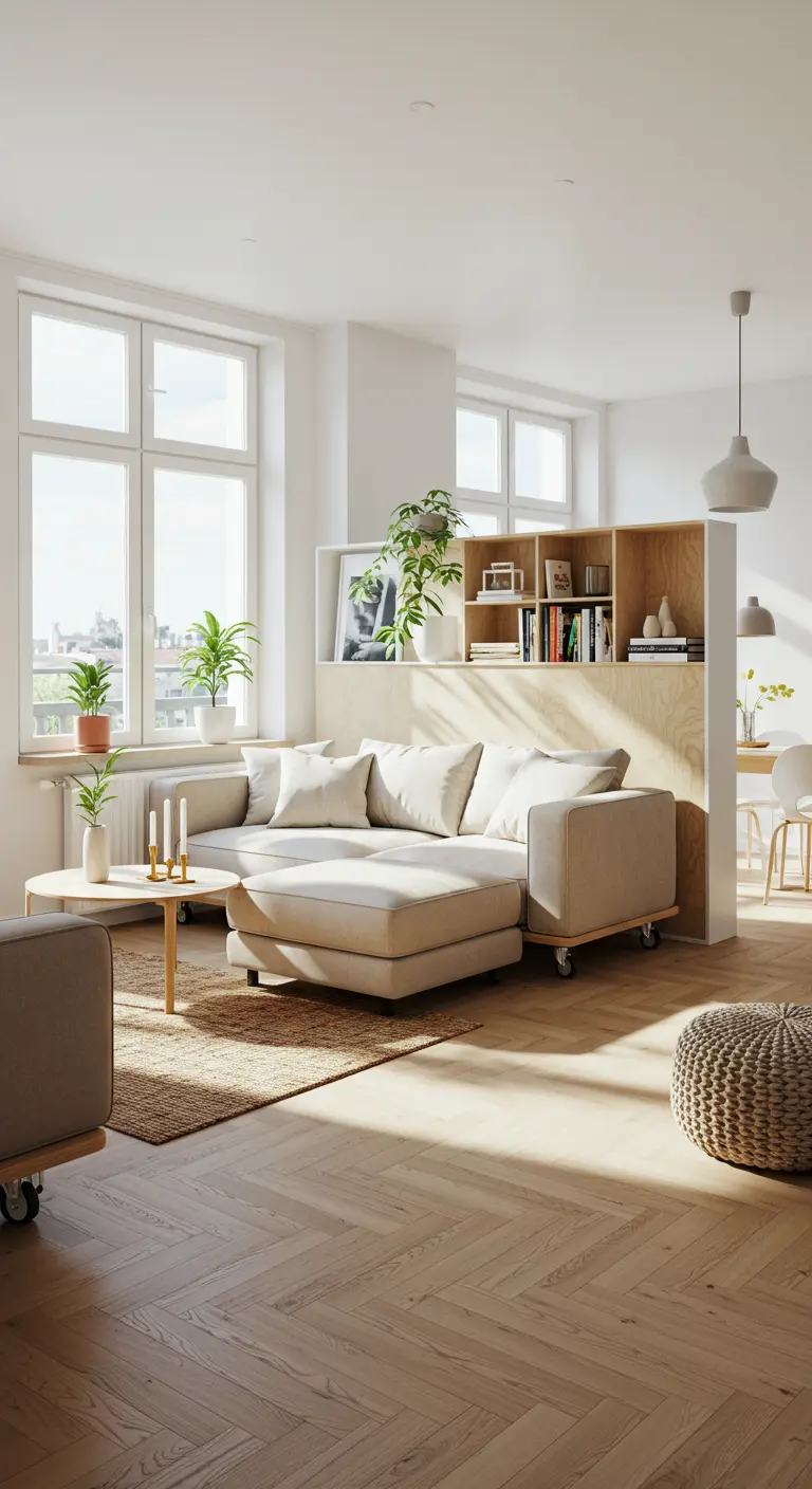 Sofá modular beige con ruedas en un salón luminoso con suelo de parquet.