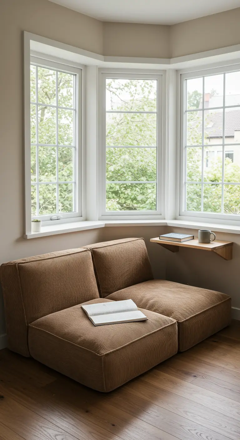 Sofá modular bajo de pana marrón en un rincón junto a una ventana con una pequeña mesa flotante.