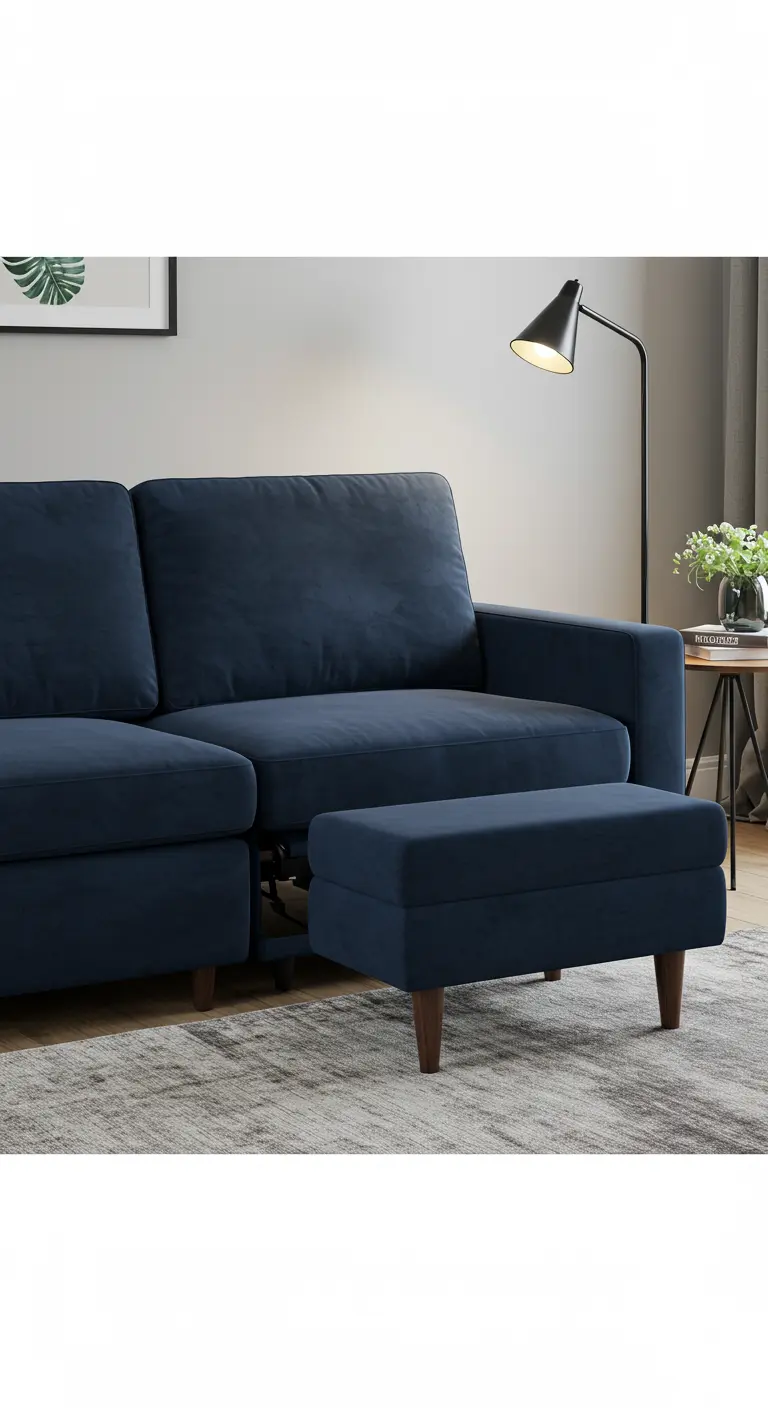Sofá de terciopelo azul con un reposapiés extraíble que extiende uno de los asientos.