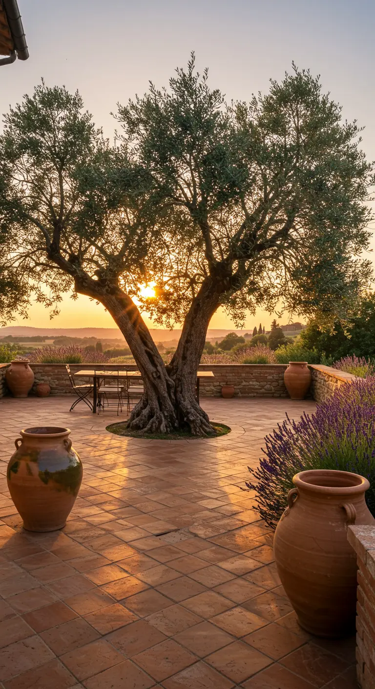 Patio de terracota con un olivo centenario y lavanda en flor durante el atardecer.