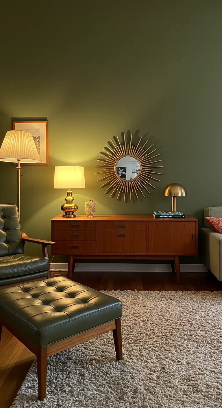 Espejo sol dorado sobre un aparador de madera en un salón de estilo Mid-Century Modern