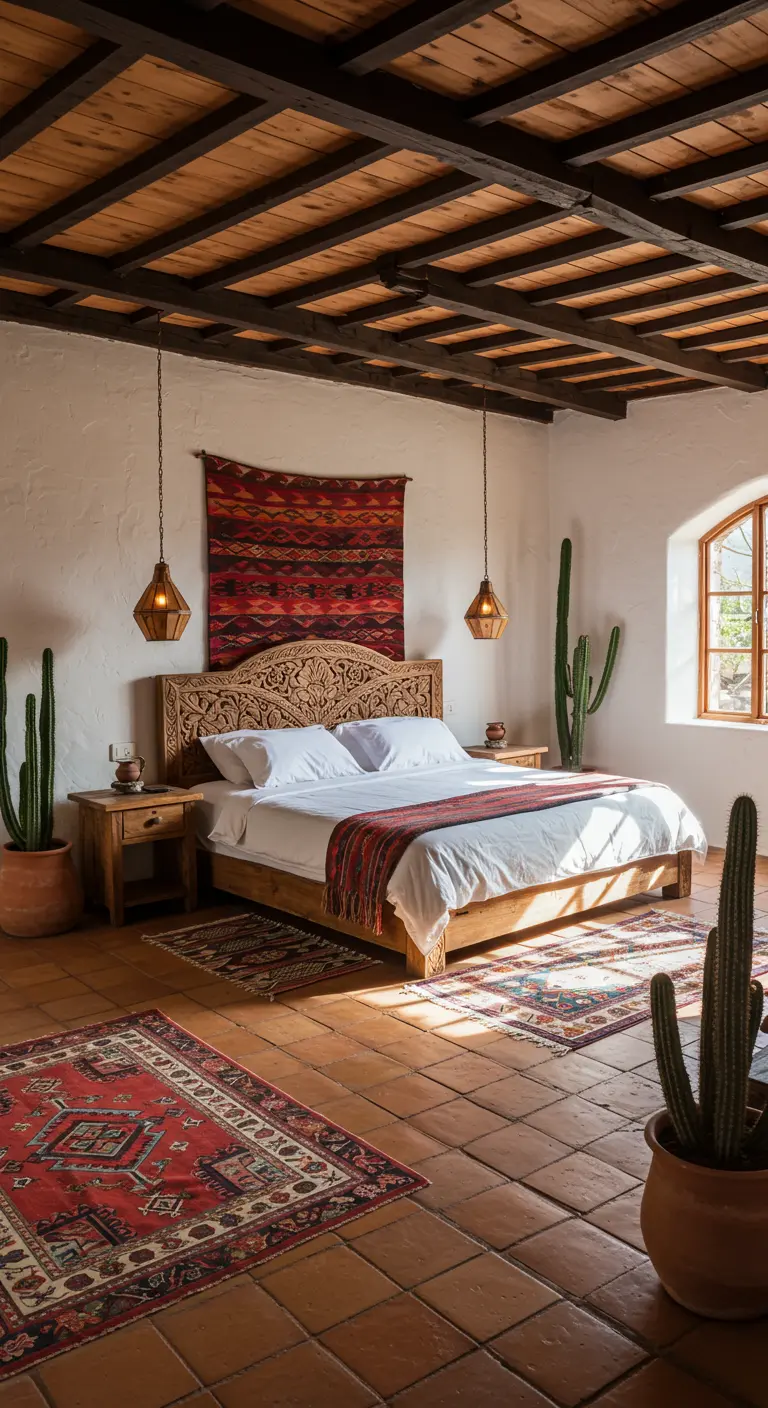 Dormitorio rústico con techo de vigas, cama de madera tallada y textiles rojos de inspiración tribal.