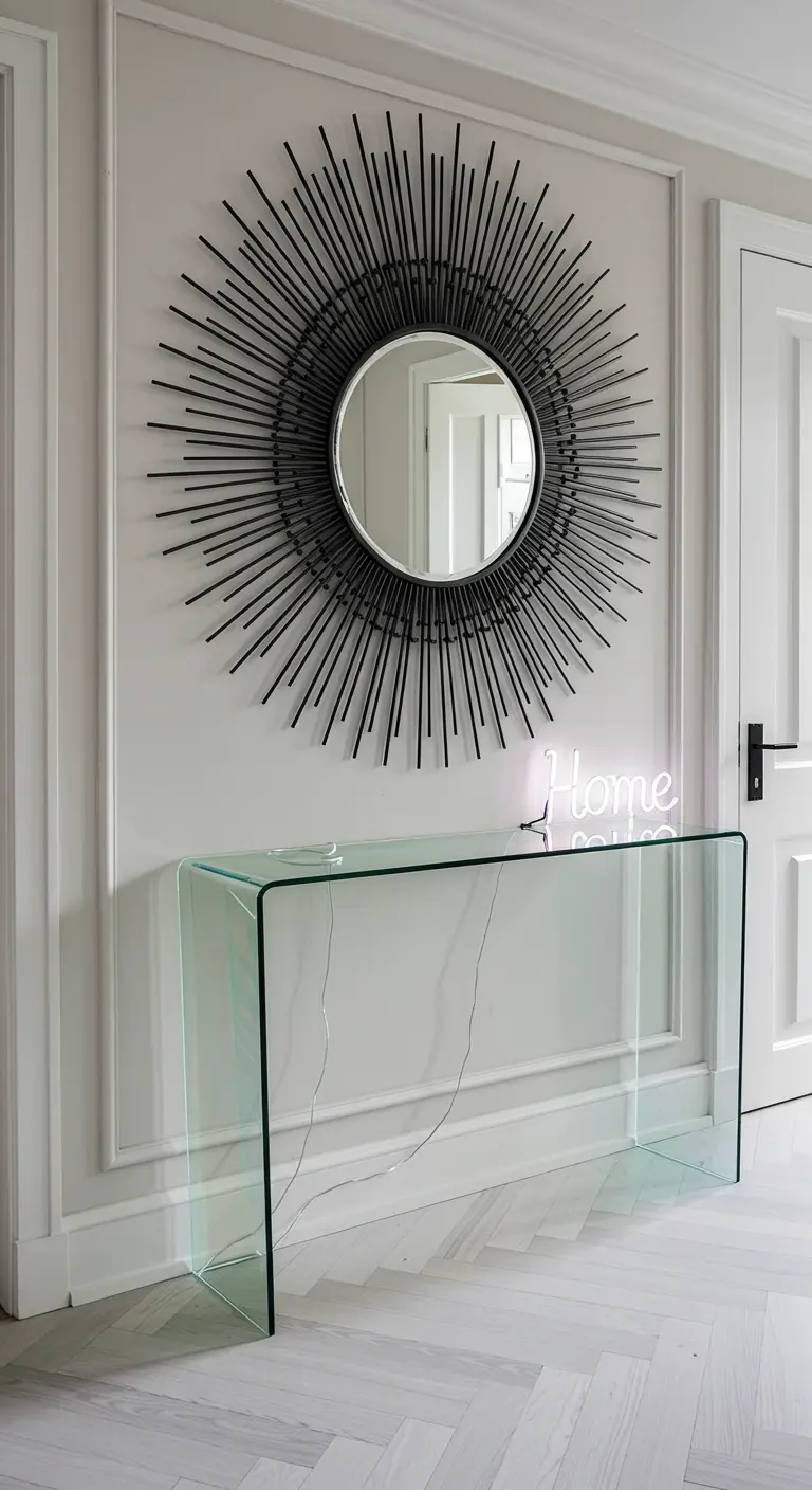 Recibidor clásico con espejo sol, consola de acrílico y letrero de neón blanco que dice