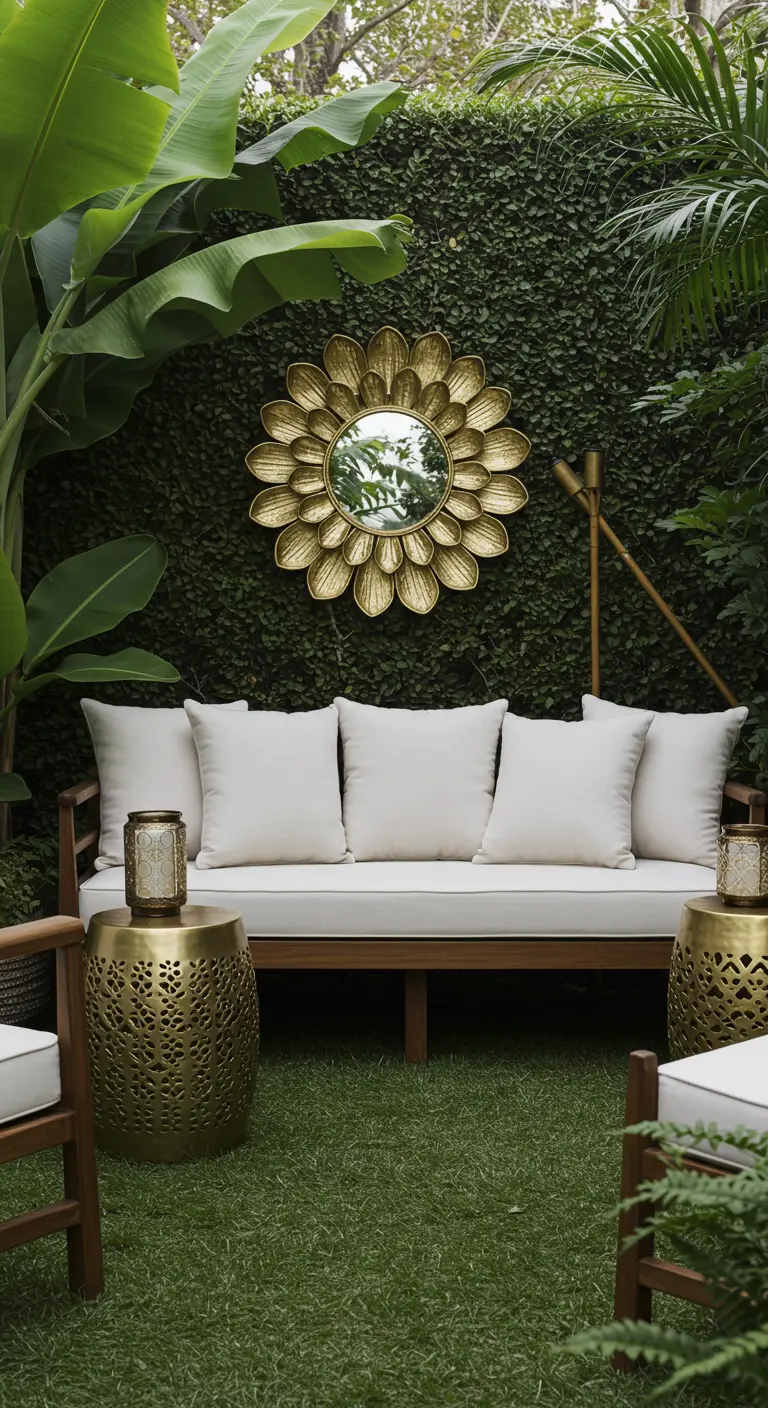 Jardín con un muro verde, sofá blanco y un espejo dorado en forma de flor rodeado de vegetación.