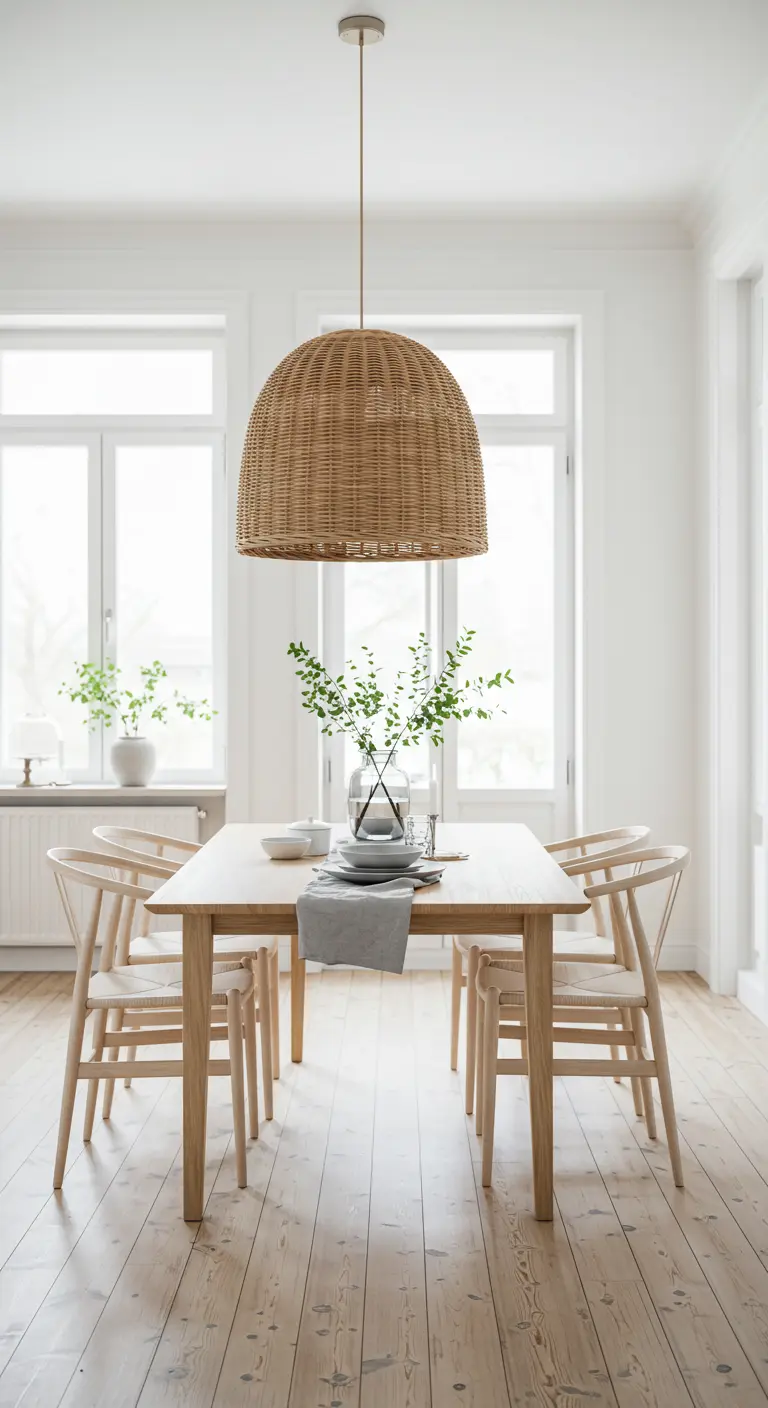 Comedor escandinavo con lámpara de mimbre grande sobre mesa de madera clara.