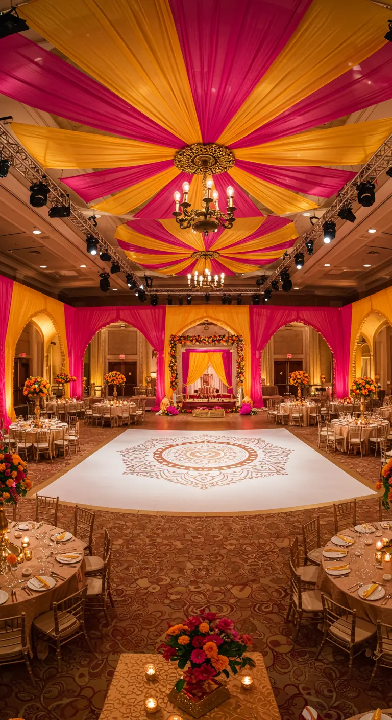 Salón de baile con telas fucsia y amarillas drapeadas desde el centro del techo.