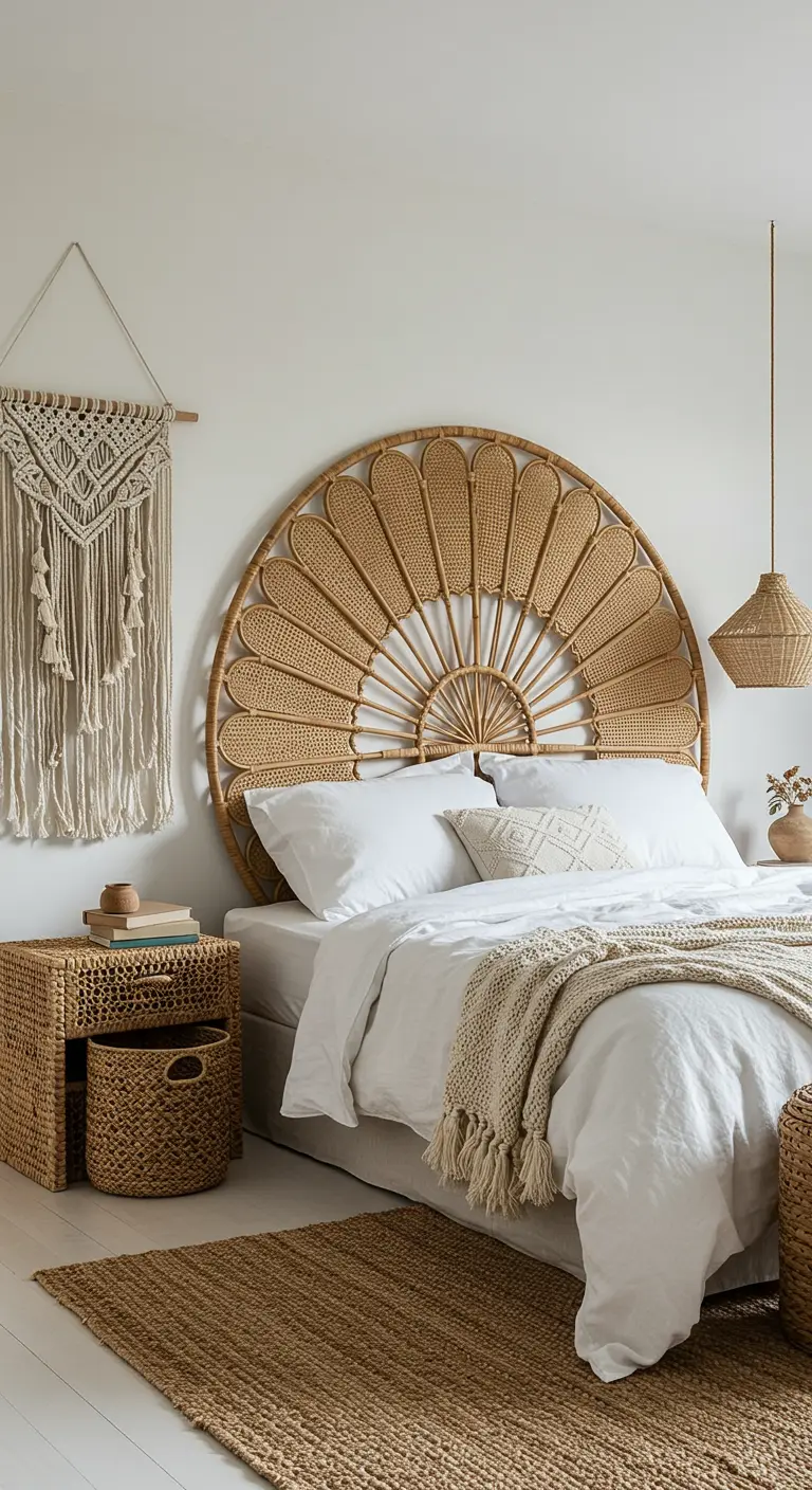 Dormitorio bohemio con un gran cabecero de ratán en forma de sol y un tapiz de macramé