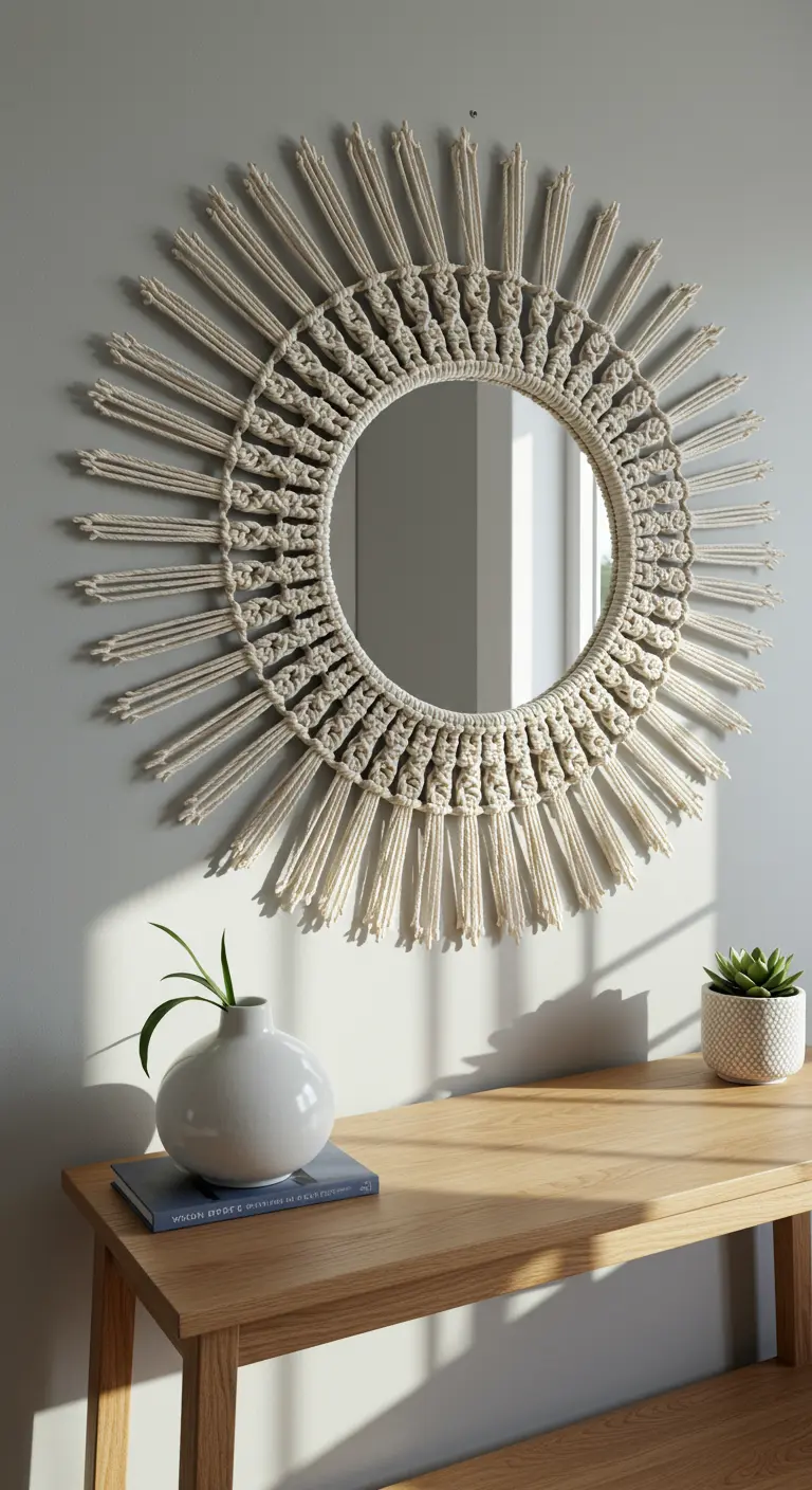 Espejo de macramé redondo con un diseño de rayos de sol en color crudo.