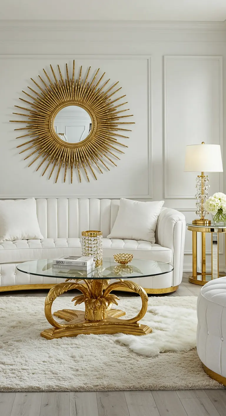 Salón glamuroso con sofá de terciopelo blanco, gran espejo sol dorado y mesa de centro de cristal y oro