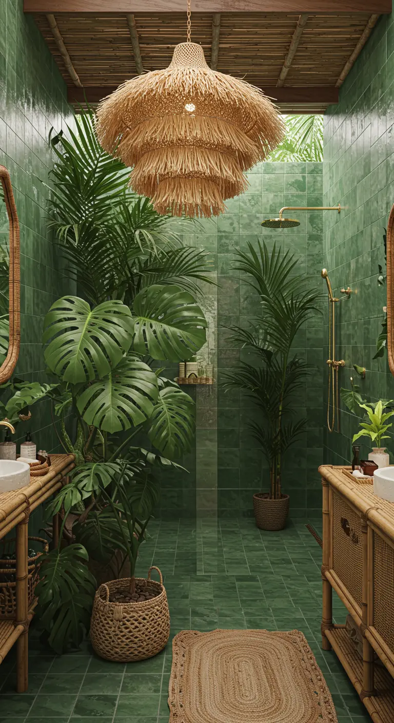 Baño tropical con azulejos verdes, muchas plantas y una gran lámpara de rafia