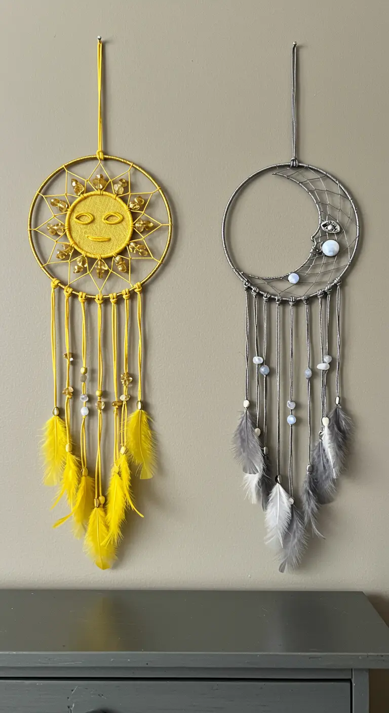 Dúo de atrapasueños de sol y luna, uno amarillo y otro plateado, colgados juntos en la pared.