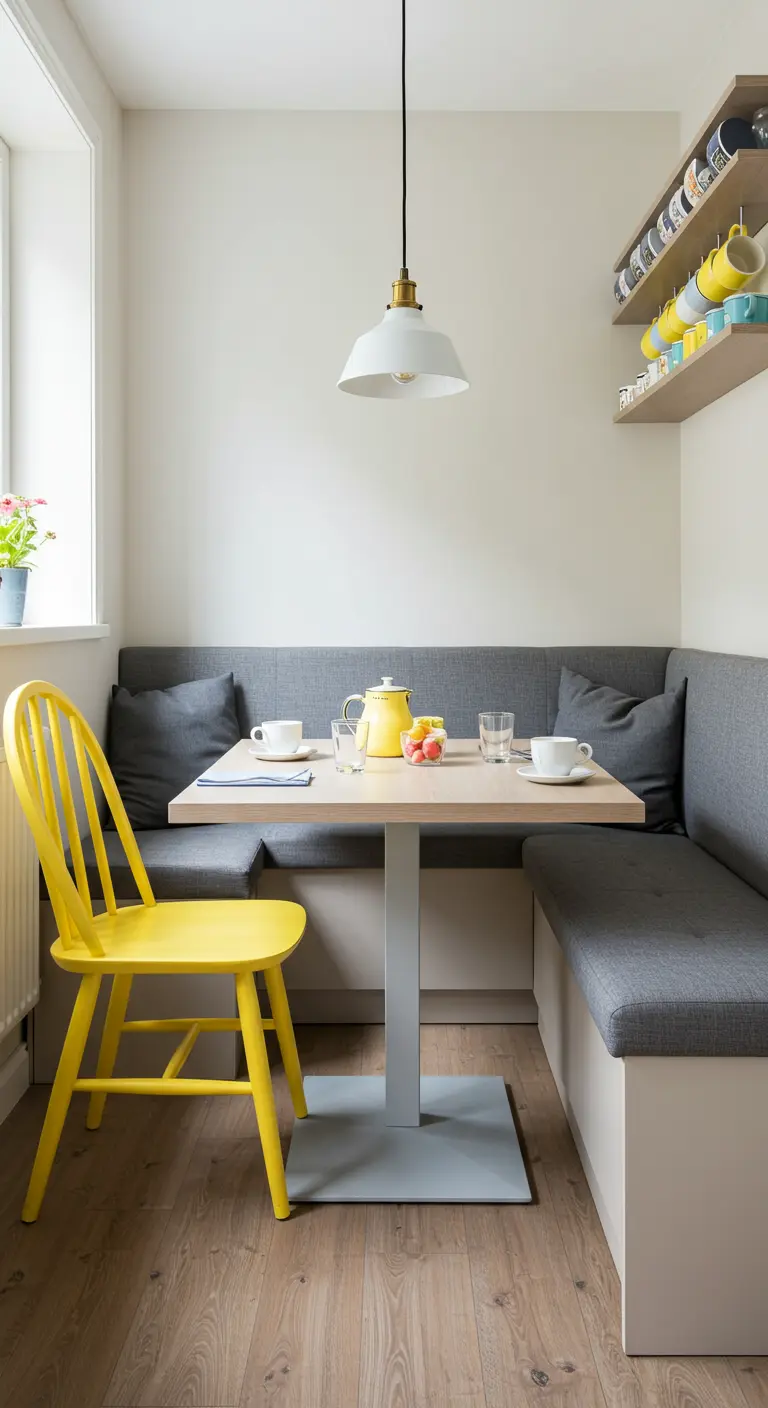 Rincón de desayuno con banqueta gris y una única silla de madera pintada de amarillo brillante.