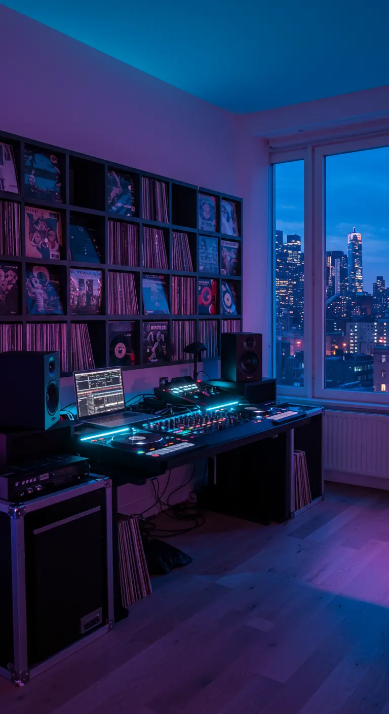 Estudio de DJ con una gran estantería de vinilos, iluminación morada y una ventana con vistas a la ciudad de noche.