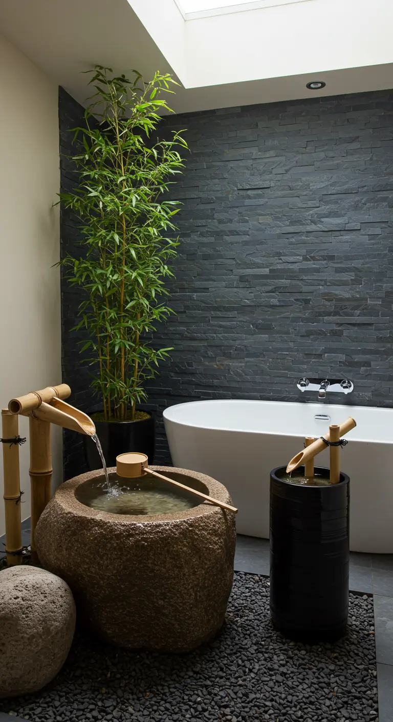 Fuente de agua de bambú que vierte agua en un lavabo de piedra rústica.