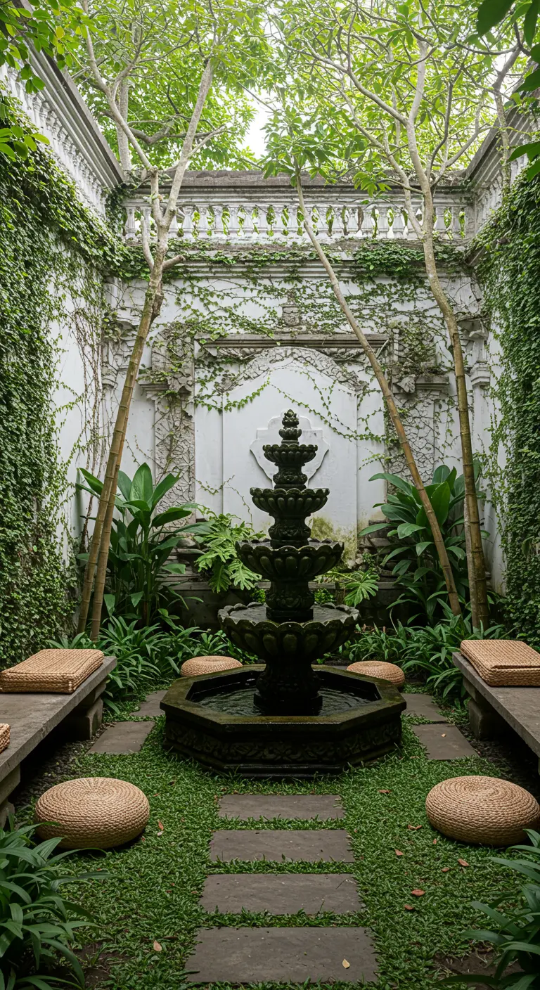 Patio interior con fuente de agua central, bancos de piedra y vegetación trepadora.