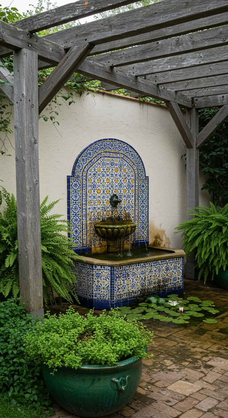 Fuente de pared con azulejos de estilo árabe bajo una pérgola de madera, rodeada de helechos.