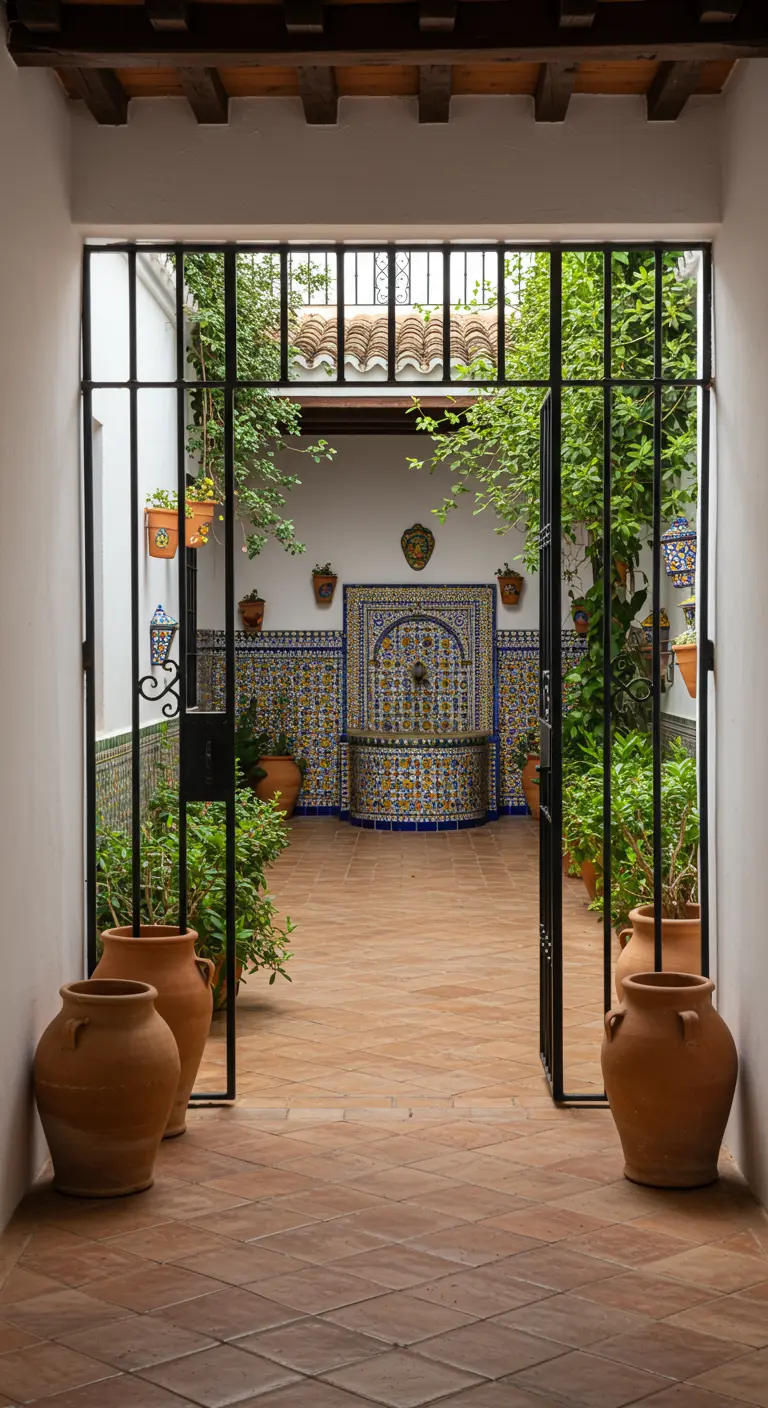 Vista a través de una reja hacia un patio andaluz con una fuente central de azulejos.