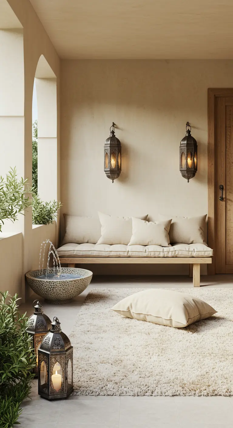 Patio sereno con una pequeña fuente de mosaico, sofá bajo con cojines claros y faroles en el suelo