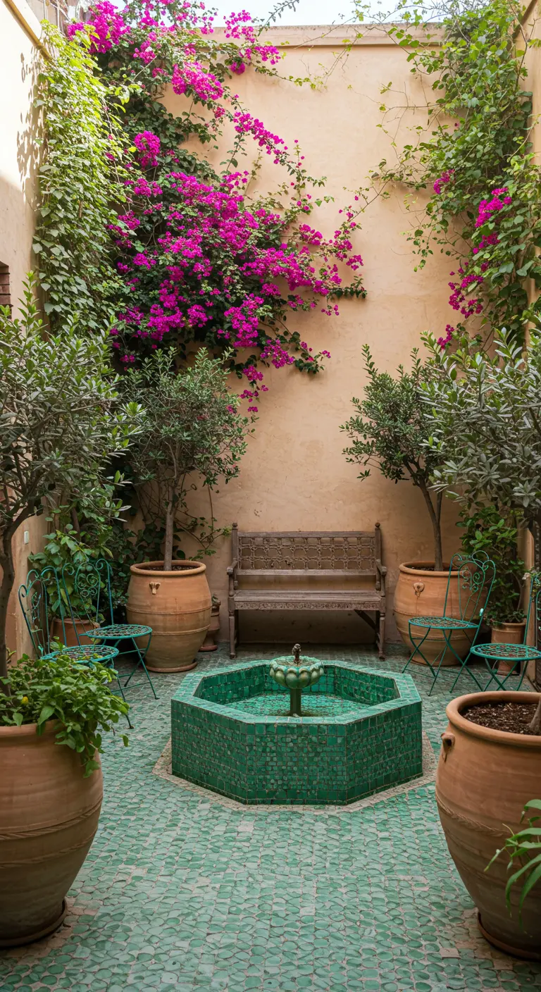 Patio interior con una fuente octogonal de azulejos verdes, rodeada de plantas y flores fucsias.