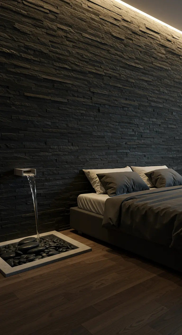 Dormitorio con pared de pizarra oscura y una pequeña fuente de agua interior con piedras.