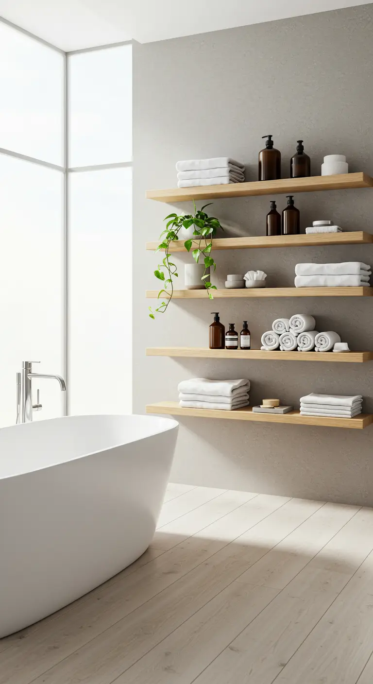 Baño luminoso con estanterías flotantes de madera clara y toallas blancas.