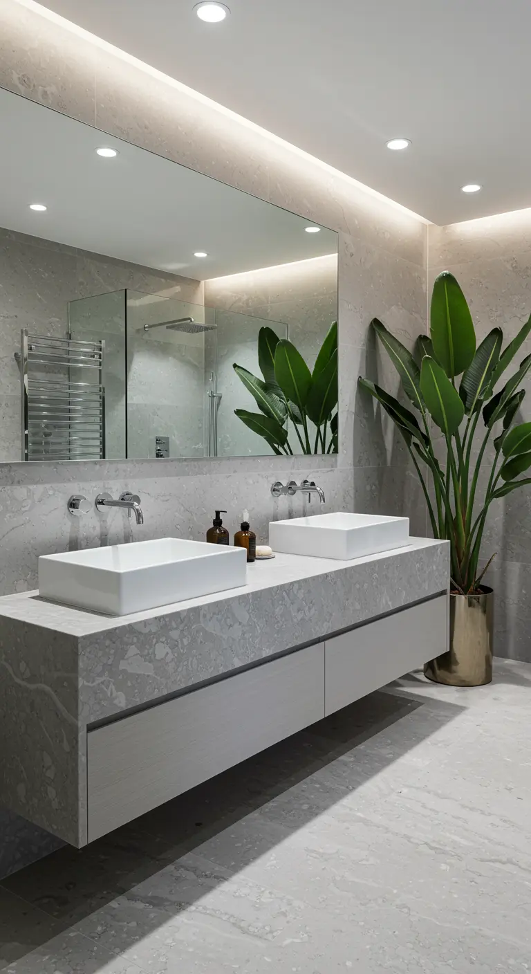 Baño moderno con mueble de mármol gris, dos lavabos blancos rectangulares y una gran planta.