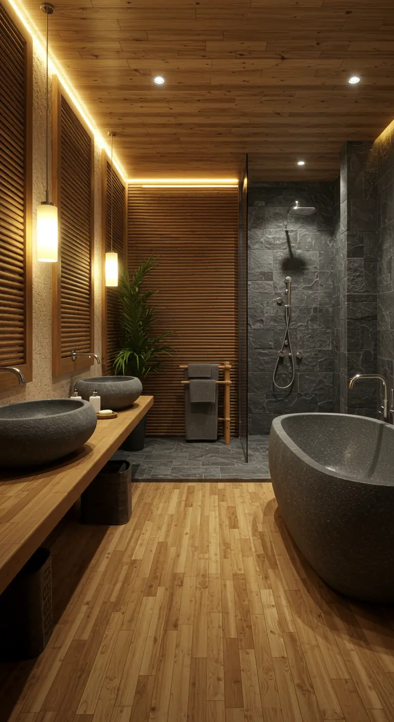 Baño tipo spa con lavabos de piedra, mueble de madera y paredes de pizarra