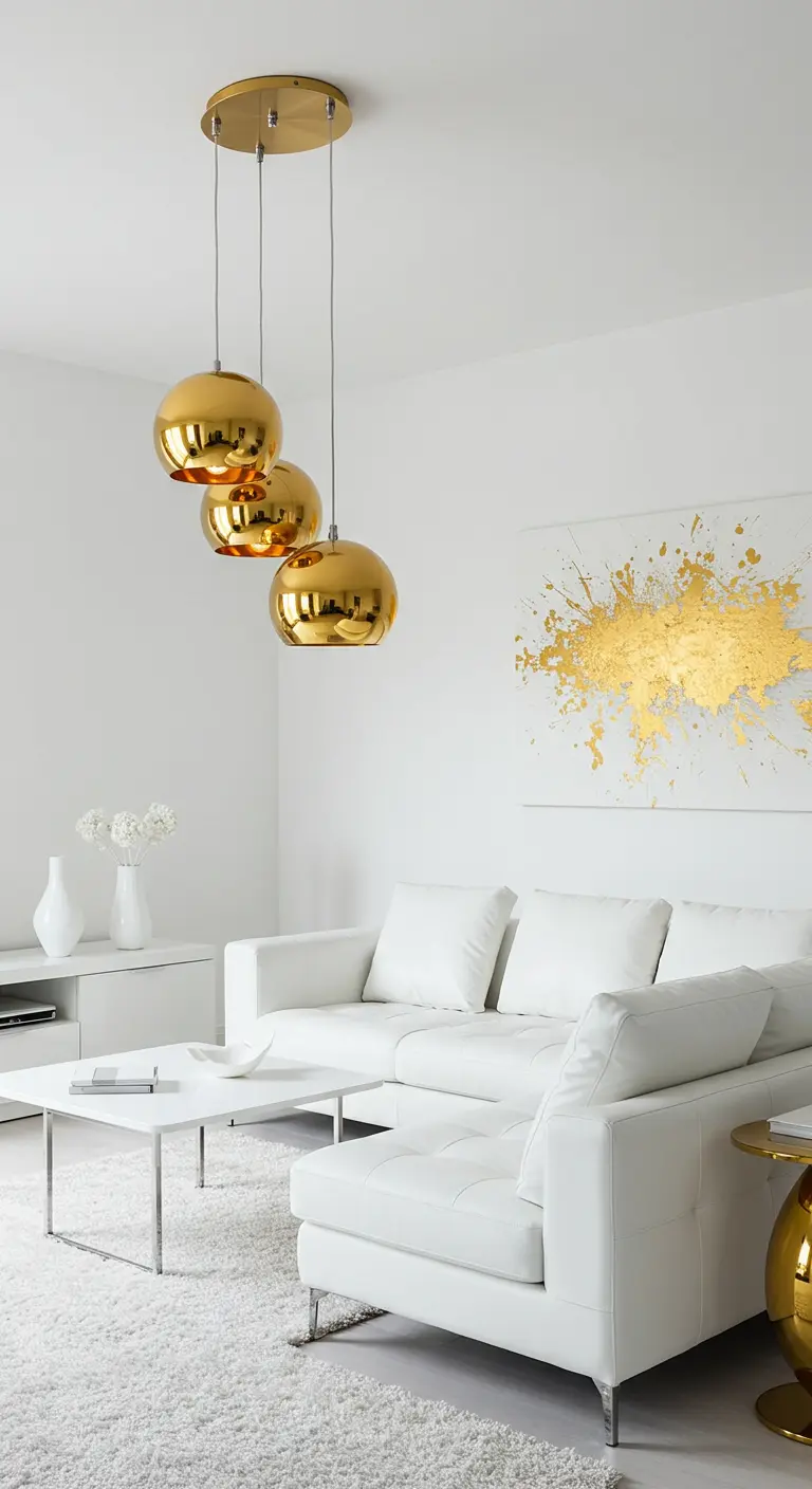 Sala de estar minimalista con sofá de cuero blanco, lámparas colgantes doradas y un cuadro con una salpicadura dorada