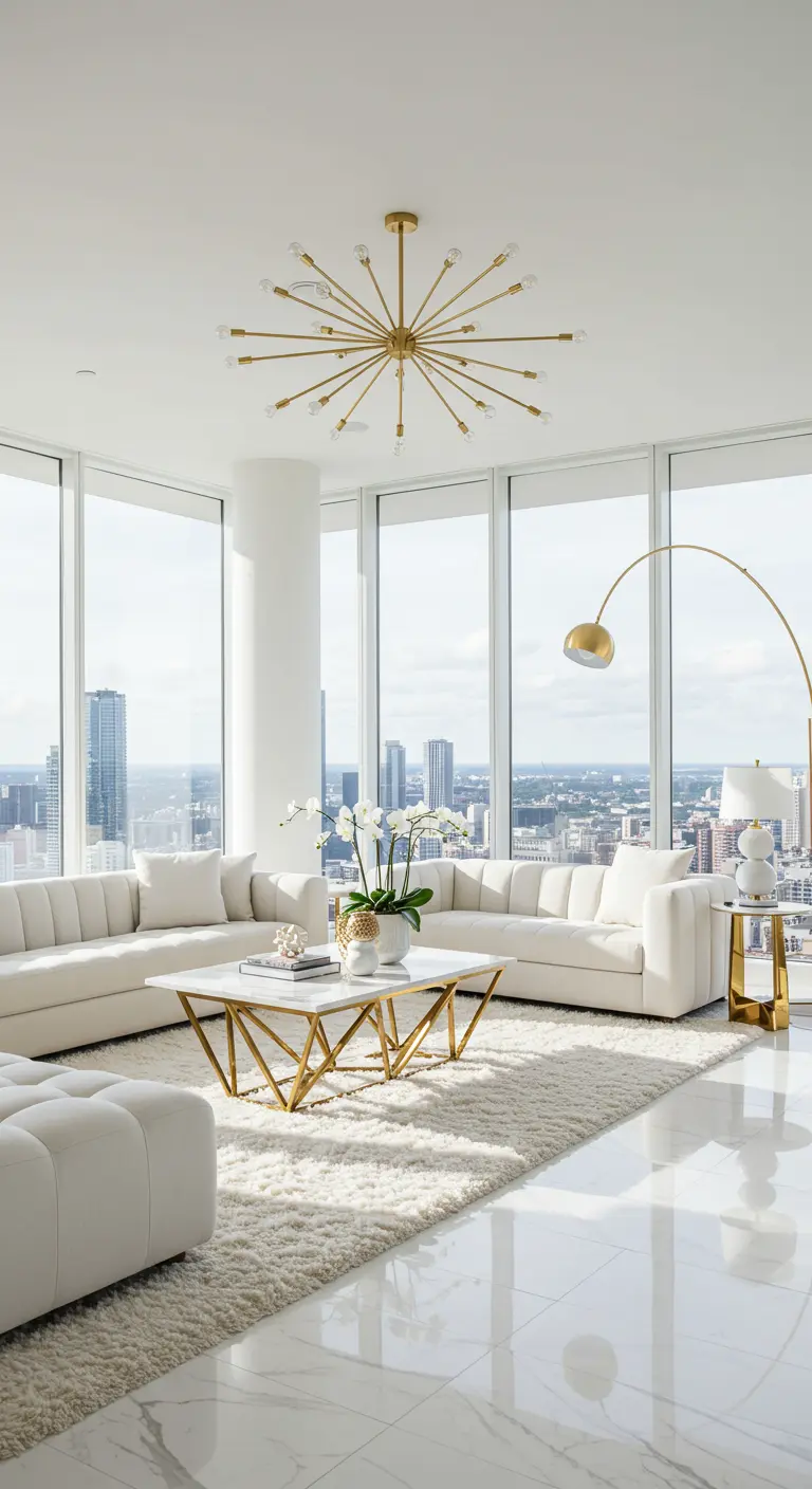 Sala de estar moderna blanca con lámpara Sputnik dorada y vistas panorámicas a la ciudad