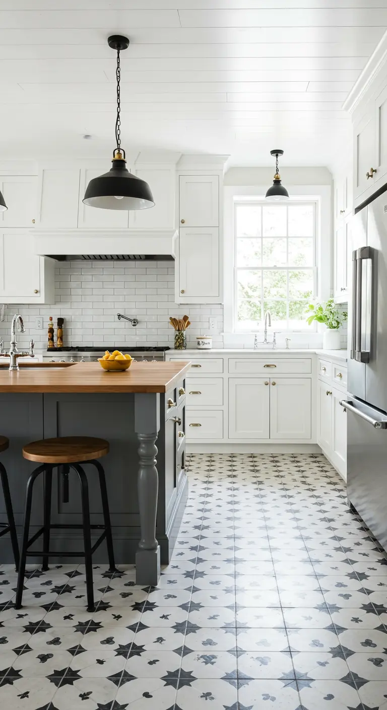 Cocina moderna con suelo de baldosas hidráulicas con patrón de estrellas en blanco y negro.
