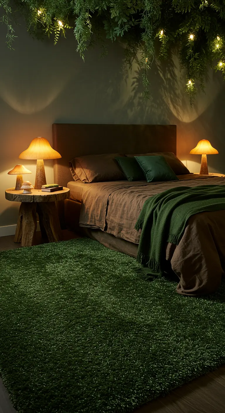 Dormitorio con una alfombra verde de pelo largo, lámparas de seta y luces de hadas.