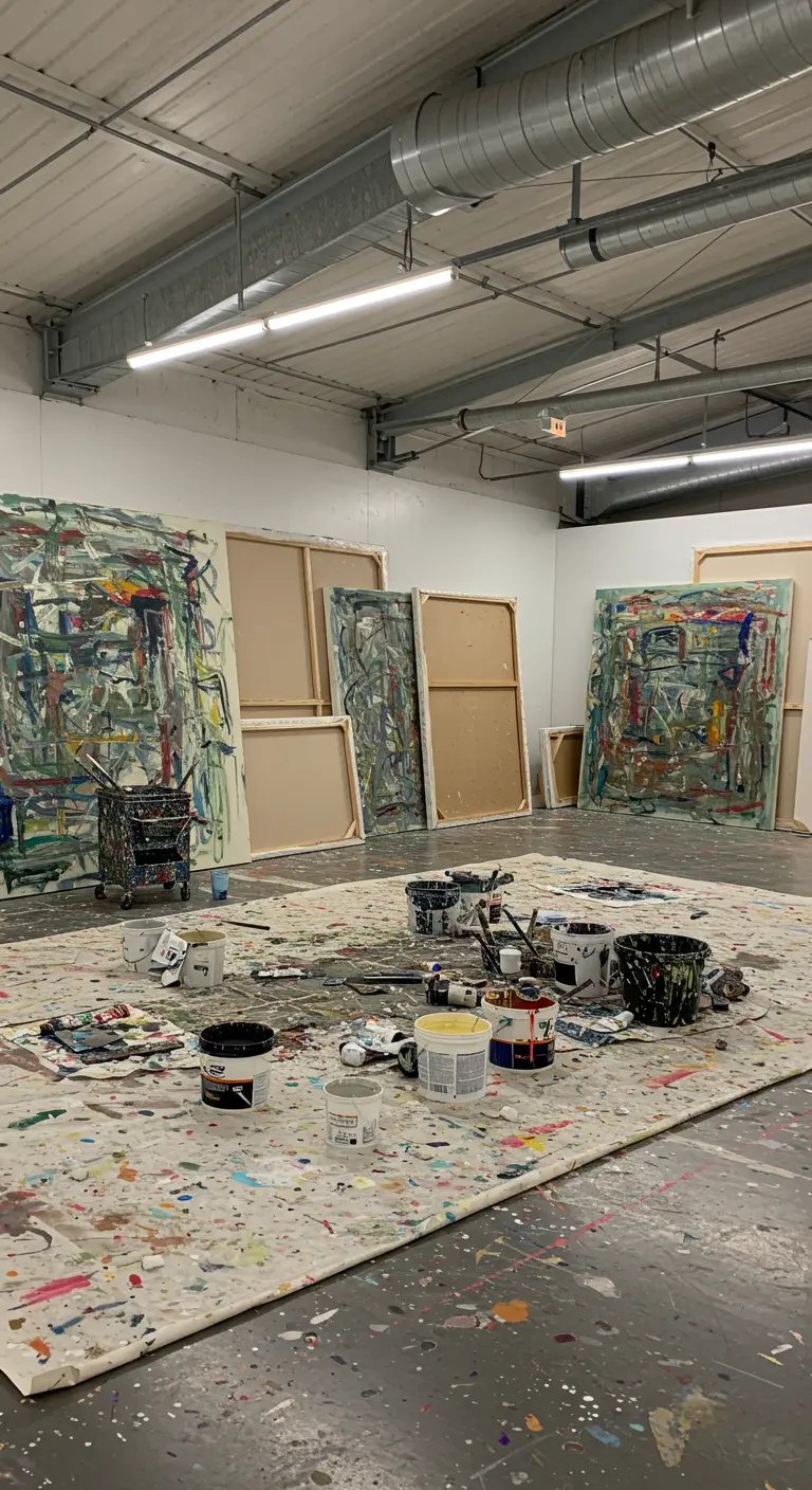 Gran estudio de artista con lienzos y botes de pintura esparcidos por una lona en el suelo.