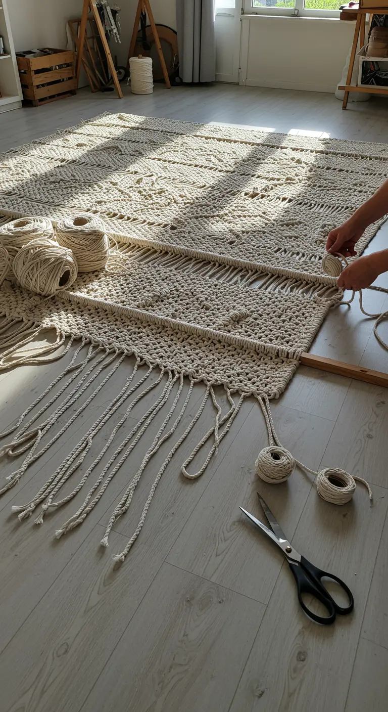 Proceso de creación de una gran alfombra o tapiz de macramé en el suelo de una habitación.