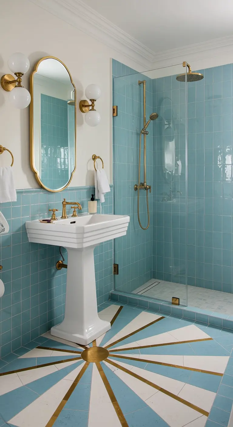 Baño con un espectacular suelo de baldosas geométricas en azul, blanco y dorado