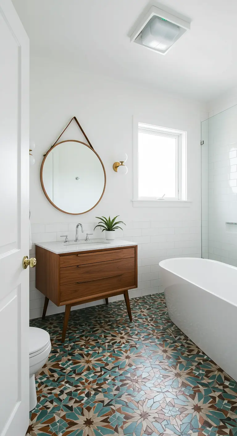 Baño blanco con un llamativo suelo de mosaico geométrico en tonos turquesa y terracota.
