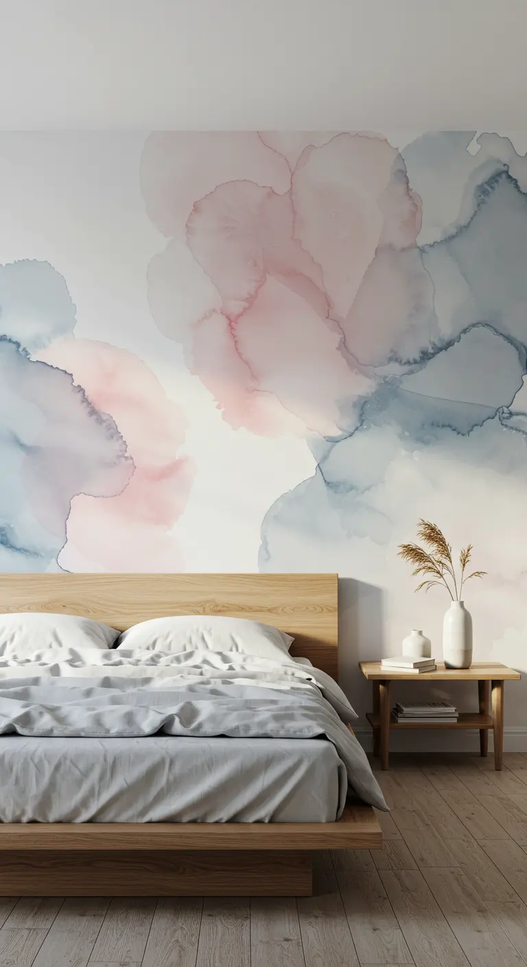 Dormitorio minimalista con un mural de acuarela abstracto en tonos rosa y azul pastel.