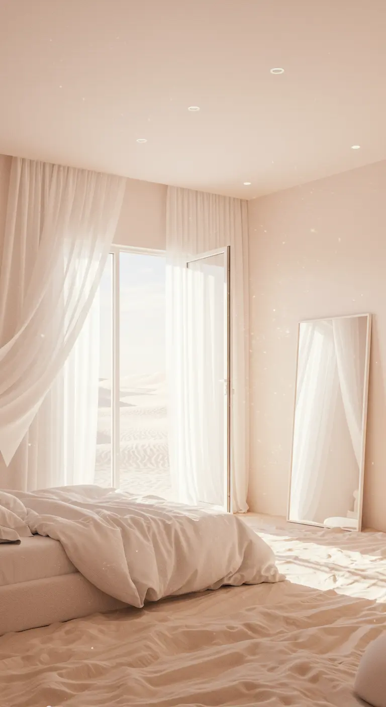 Dormitorio etéreo totalmente blanco con cortinas de gasa vaporosas y mucha luz natural