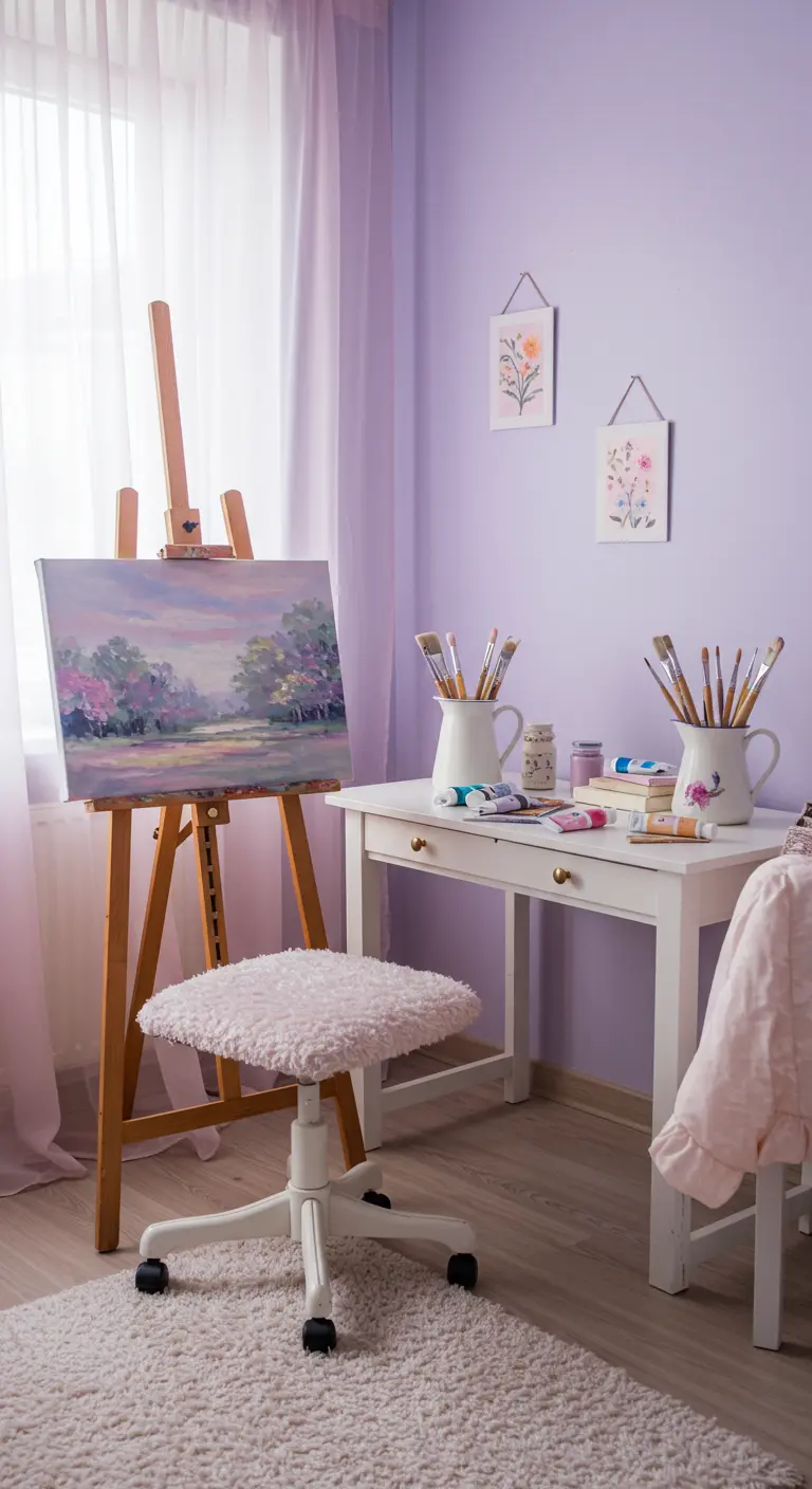Estudio de arte con paredes color lavanda, muebles blancos y un caballete con un paisaje en tonos pastel.