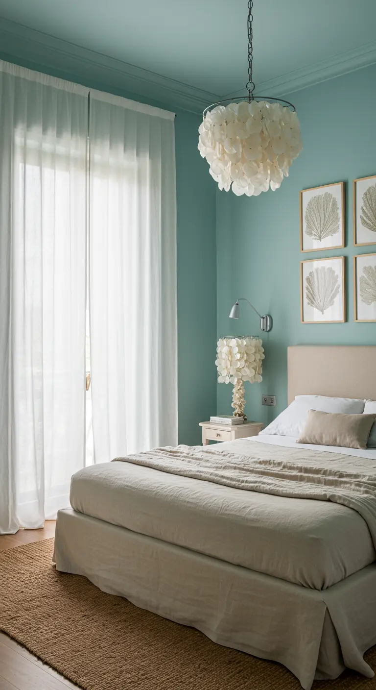 Dormitorio con paredes color aguamarina, cama neutra y lámpara de araña de conchas.