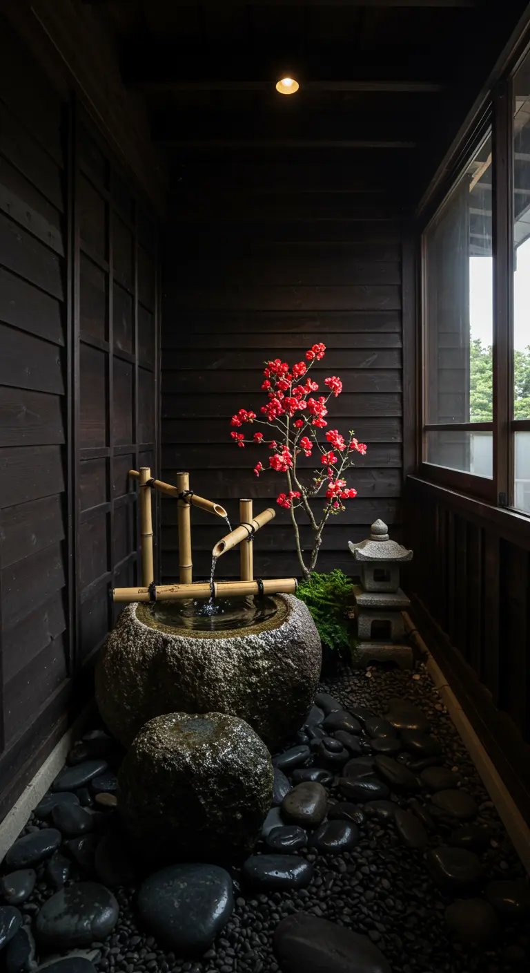 Rincón zen en balcón con fuente de agua de bambú, pila de piedra y flores rojas.