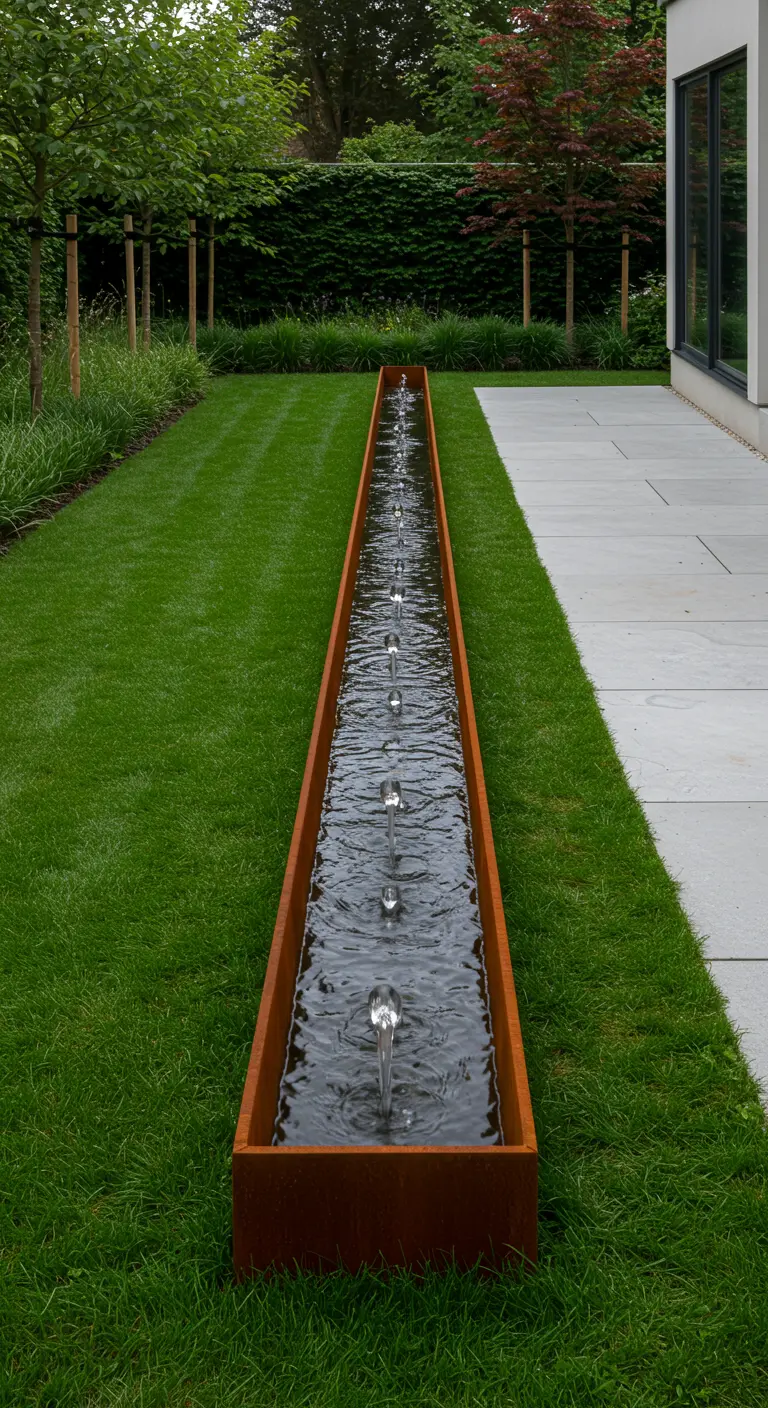 Fuente de agua larga y estrecha de acero corten con pequeños chorros, instalada en el césped.