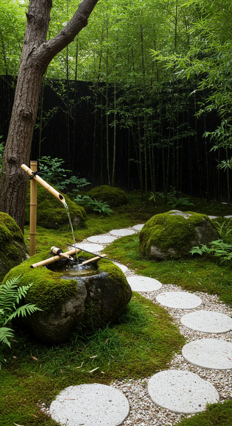Fuente de bambú japonesa (shishi-odoshi) en un jardín frondoso con musgo y sendero de piedras redondas.