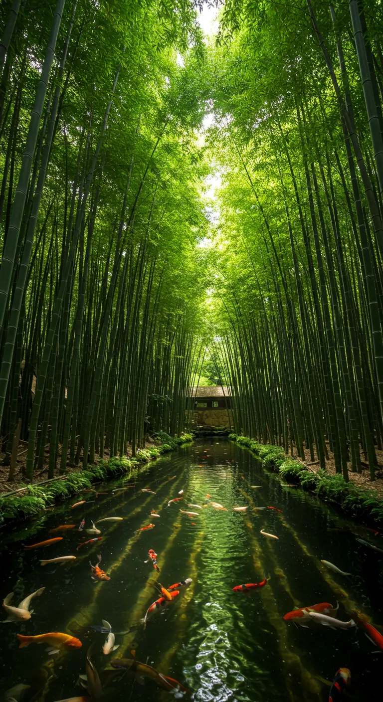 Estanque de peces koi que fluye a través de un denso y alto bosque de bambú verde.