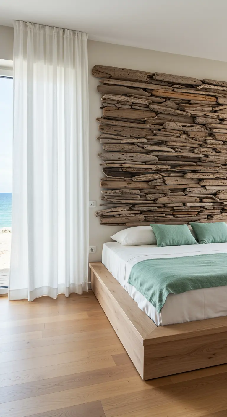 Cabecera de pared completa hecha con un mosaico de maderas de deriva apiladas horizontalmente.