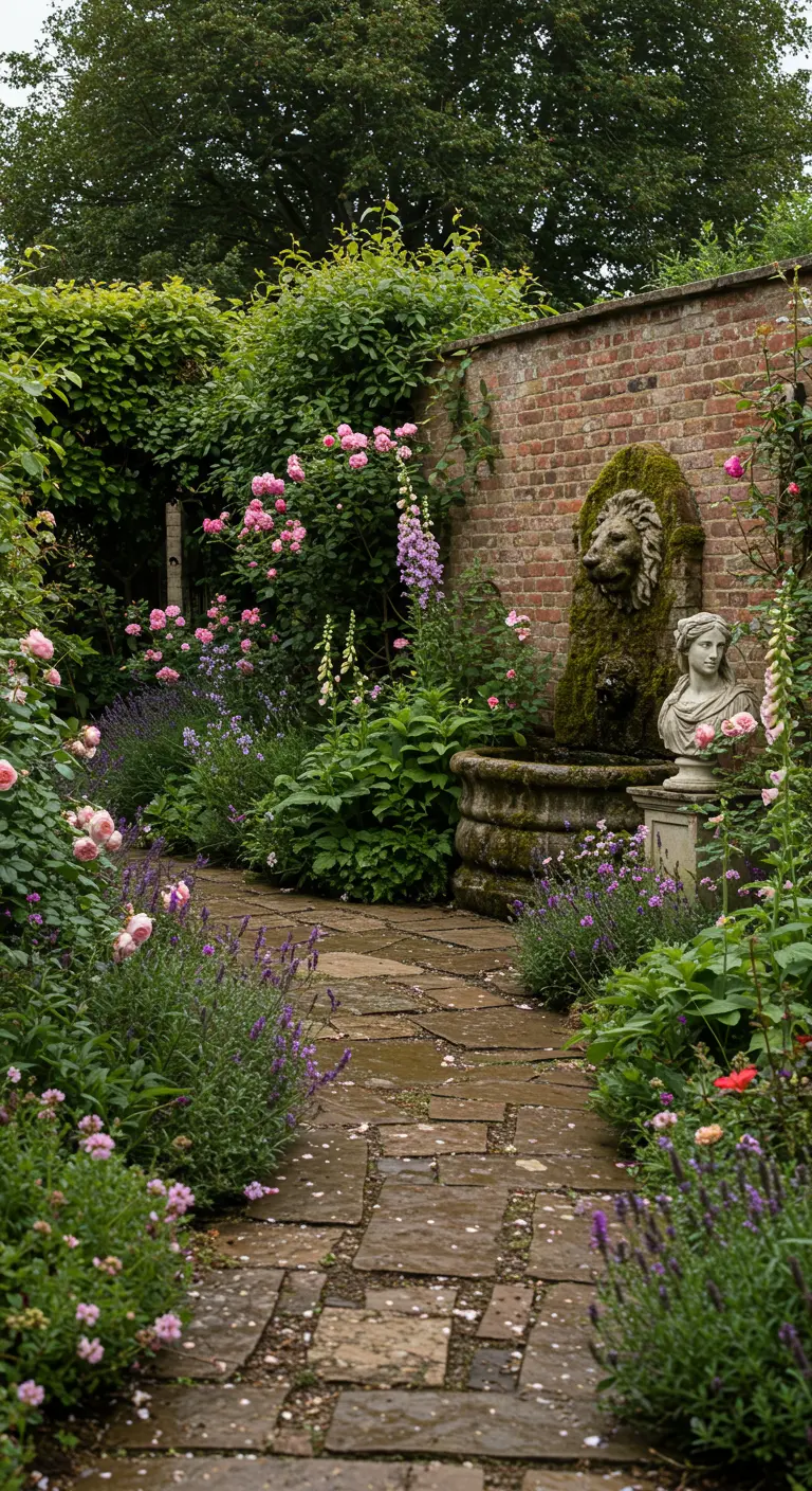 Fuente de pared con cabeza de león cubierta de musgo y un busto clásico entre flores silvestres.